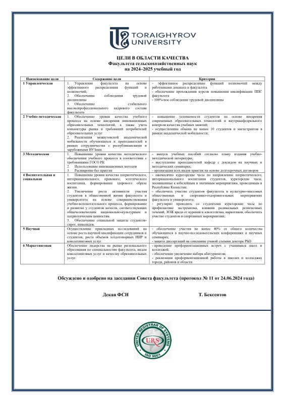 2024-2025 жылдарға арналған сапа саласындағы мақсаттар