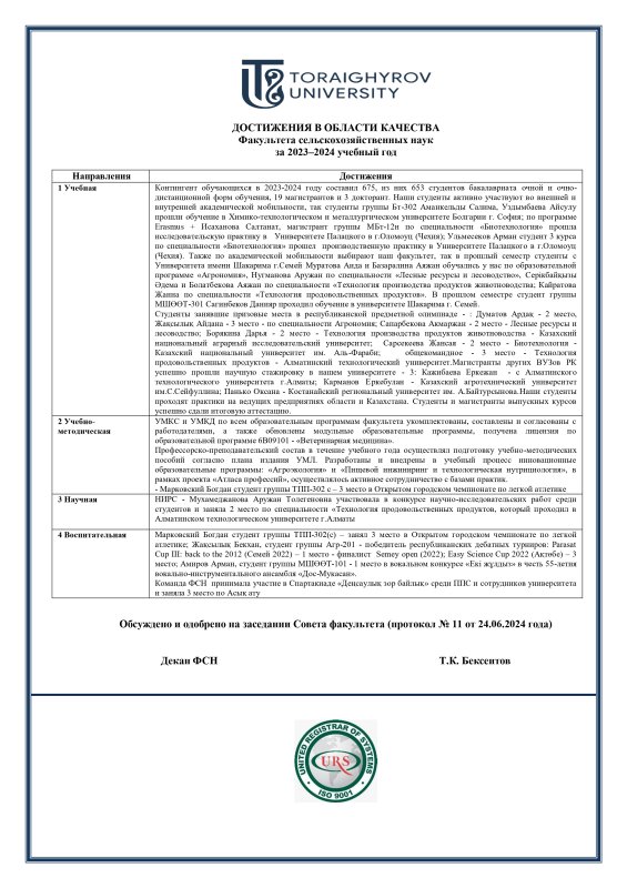 2023-2024 жылдардағы сапа саласындағы жетістіктер